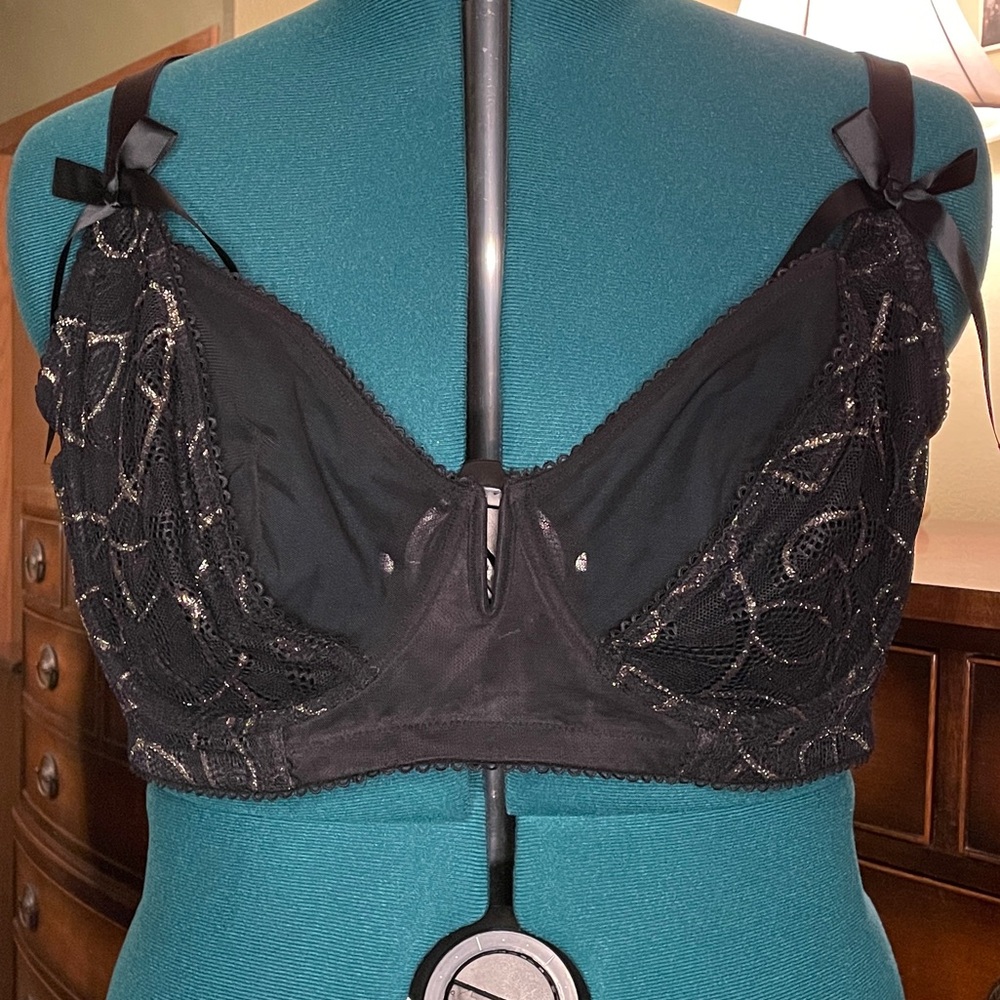 Savage Fenty 44D peep show unlined lace black/gold balconette bra (panty avail)